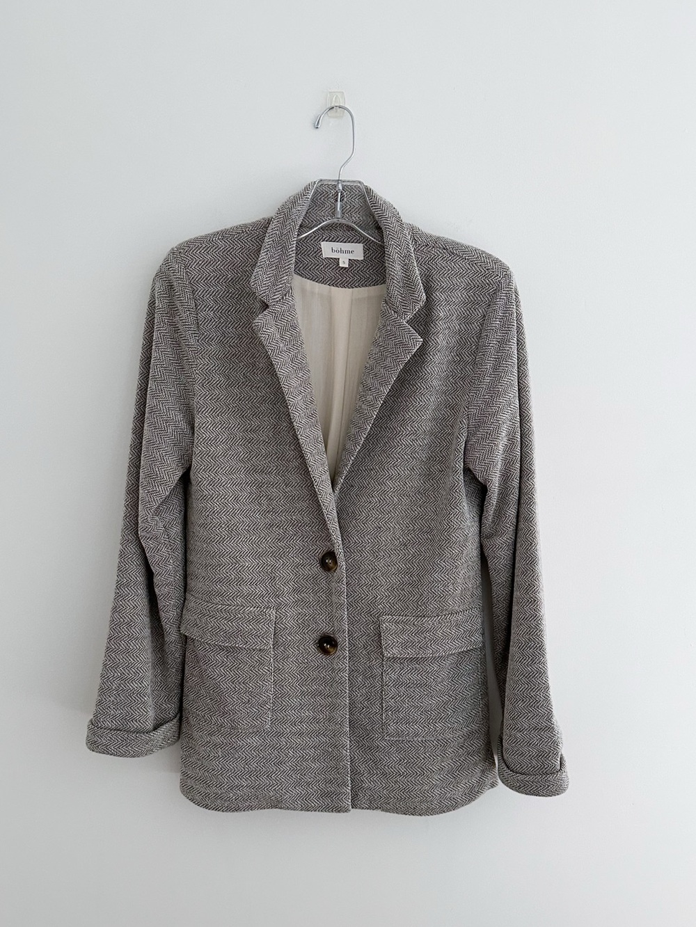 Bohme Herringbone Blazer Black Ivory Softly Structured Tailored Jacket Size S